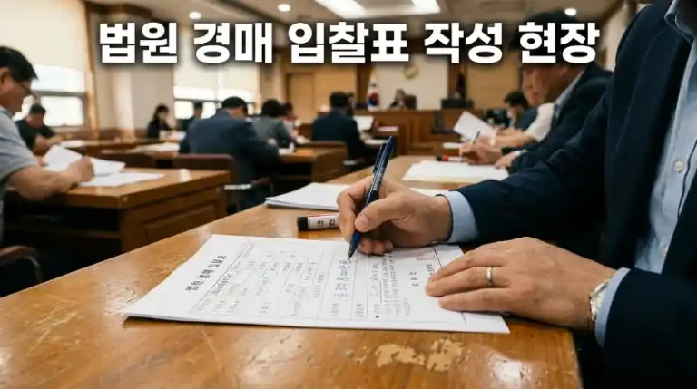 법원 경매 입찰표 작성 중인 손 클로즈업