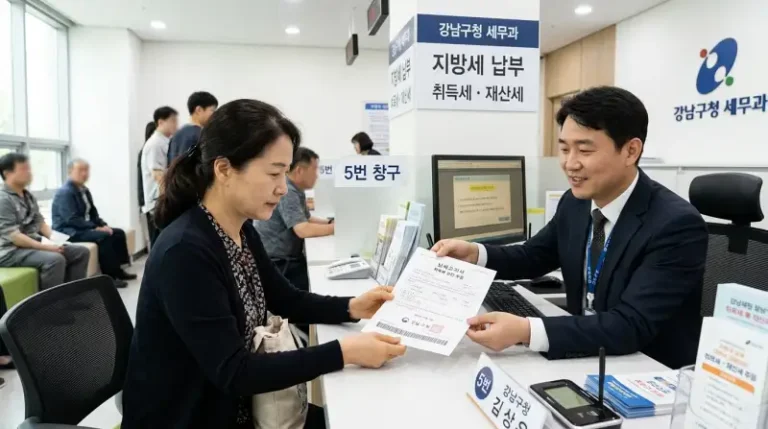 구청 세무과 창구에서 취득세 추징 고지서 받는 집주인 실사 장면