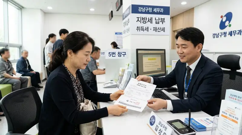구청 세무과 창구에서 취득세 추징 고지서 받는 집주인 실사 장면