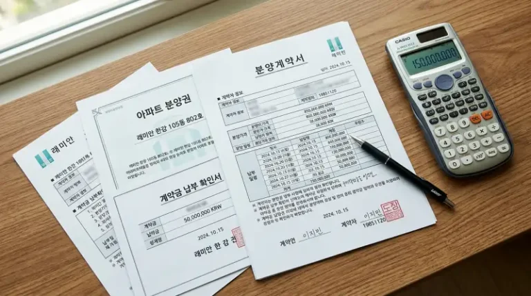 분양계약서와 계산기가 있는 책상 오버헤드 샷