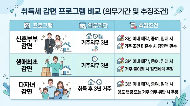 신혼부부·생애최초·다자녀 감면 의무기간 및 추징조건 비교 인포그래픽