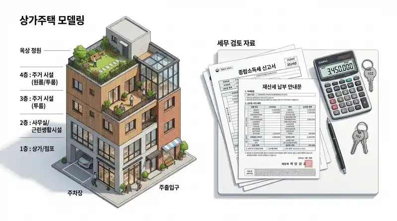 아이소메트릭 건물 모델과 세금 서류