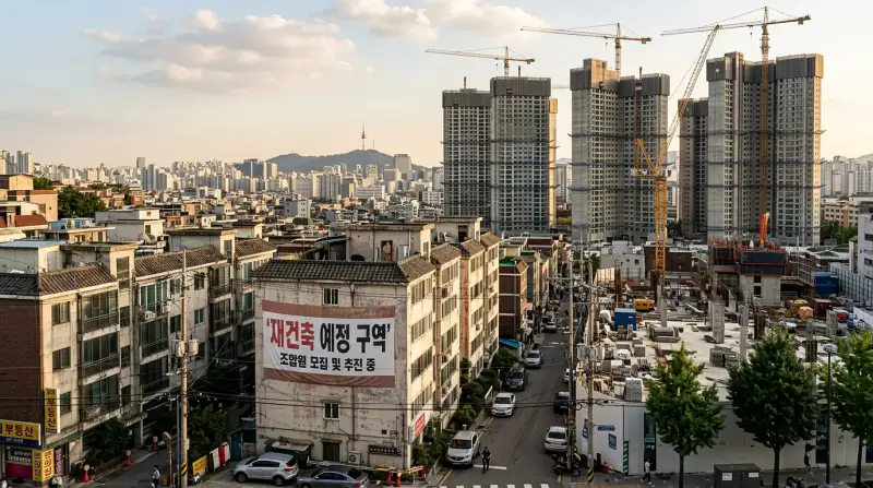 재건축 현장 전경 전경에 '재건축 예정 구역'