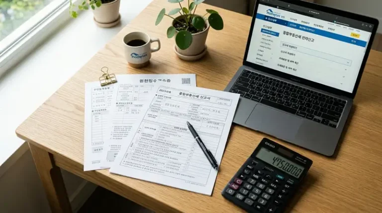 종합부동산세 신고서가 보이는 세금 신고 책상 사진