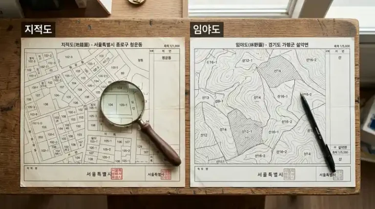 나무 책상 위에 나란히 놓인 "지적도"와 "임야도" 서류를 위에서 내려다본 전경