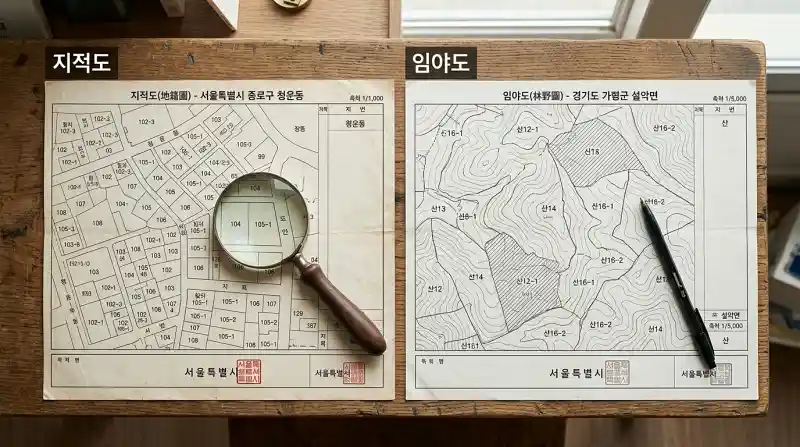 나무 책상 위에 나란히 놓인 "지적도"와 "임야도" 서류를 위에서 내려다본 전경
