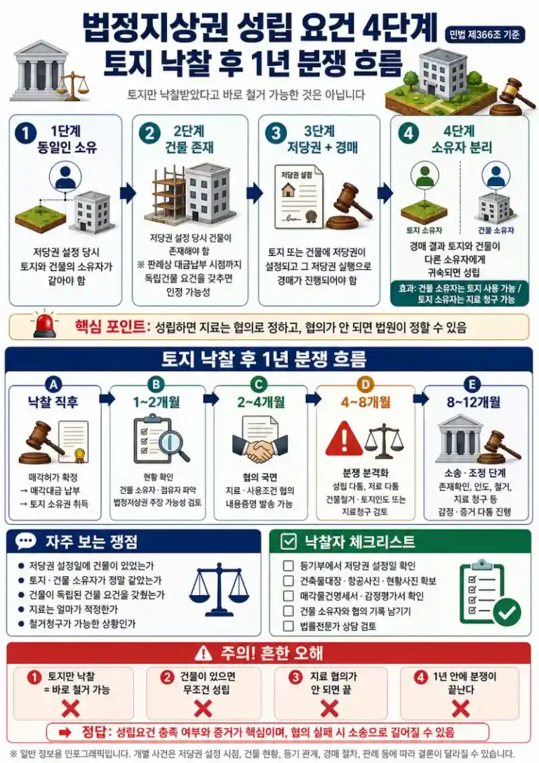 법정지상권 성립 요건 4단계와 토지 낙찰 후 1년 분쟁 흐름
