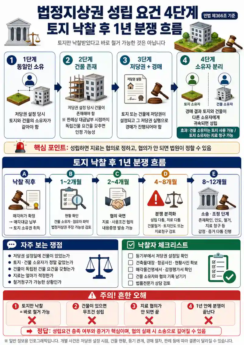 법정지상권 성립 요건 4단계와 토지 낙찰 후 1년 분쟁 흐름