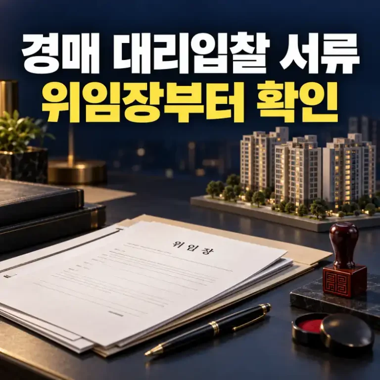 경매 대리입찰 준비서류인 위임장과 도장, 아파트 모형