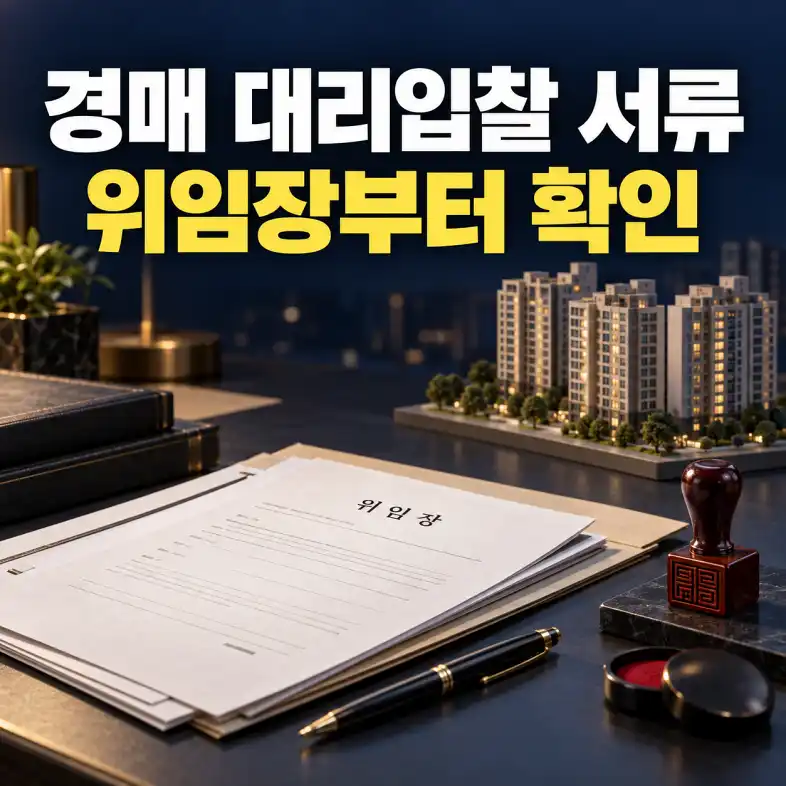 경매 대리입찰 준비서류인 위임장과 도장, 아파트 모형