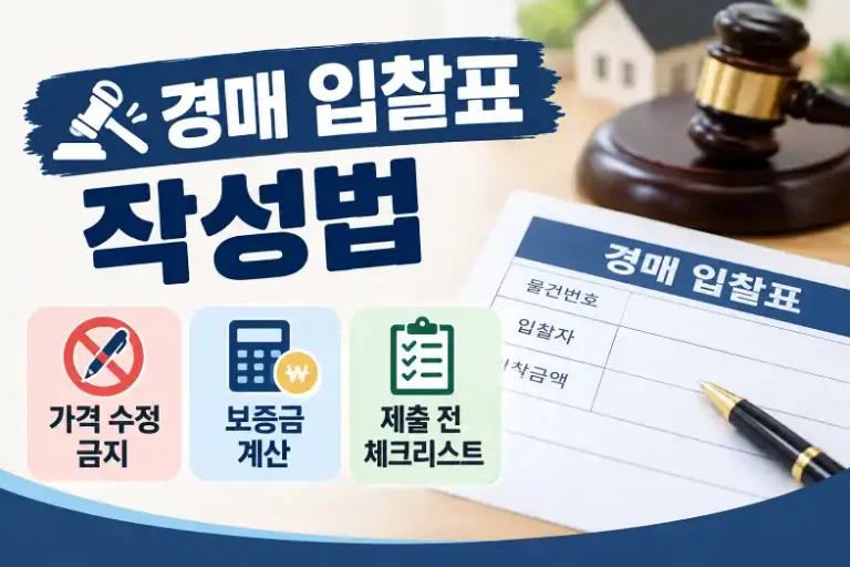 경매 입찰표 작성법을 설명하는 입찰 서류와 펜, 봉투 및 아파트 모형