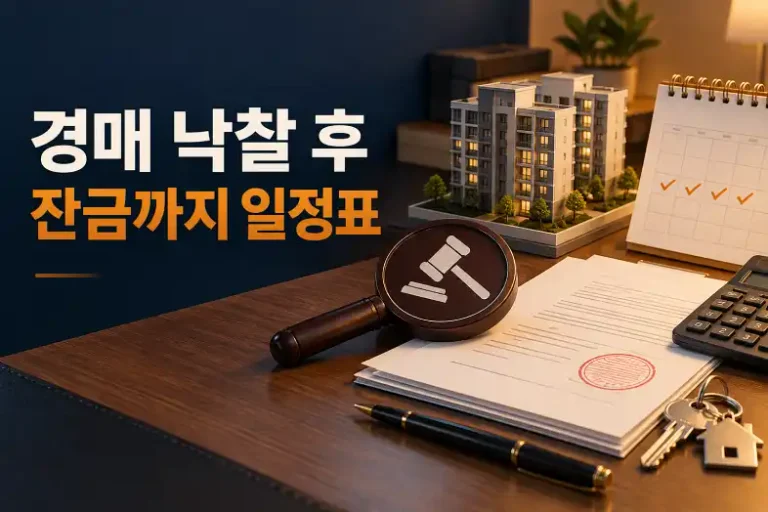경매 낙찰 후 잔금까지 일정표와 아파트 모형, 경매 서류