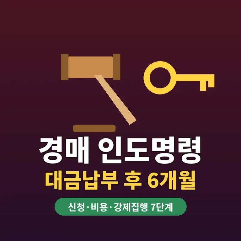 경매 인도명령 신청 기한 대금납부 후 6개월을 안내하는 법봉과 열쇠 일러스트