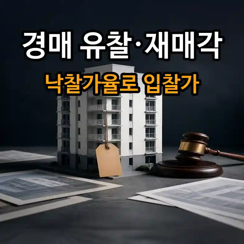 주택 모형에 내려앉은 가격표와 법봉으로 경매 유찰 회차별 최저매각가격 하락 구조와 낙찰가율 입찰 전략을 설명하는 장면