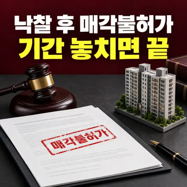 경매 낙찰 후 매각불허가 신청서와 법봉, 아파트 모형이 놓인 책상