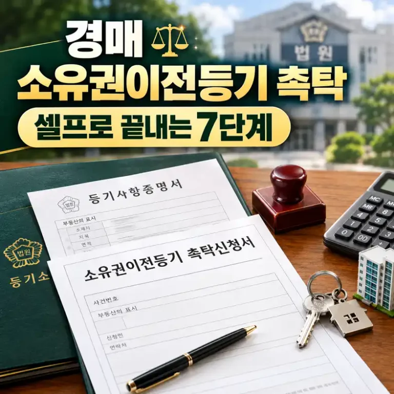 경매 소유권이전등기 촉탁신청서와 등기사항증명서, 도장과 열쇠