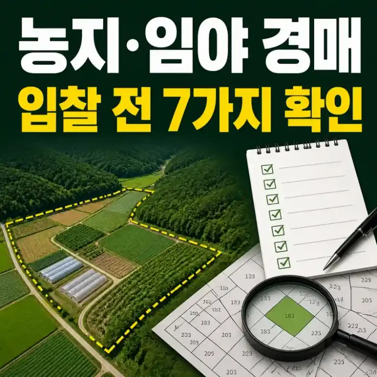 농지 경매 물건 앞에서 농지취득자격증명과 지도를 확인하며 입찰 여부를 판단하는 사람