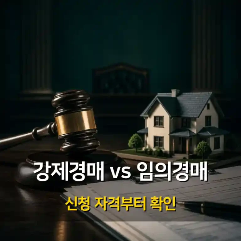 법원 경매 사건 서류와 망치 옆에서 강제경매와 임의경매 차이를 비교하는 입찰자