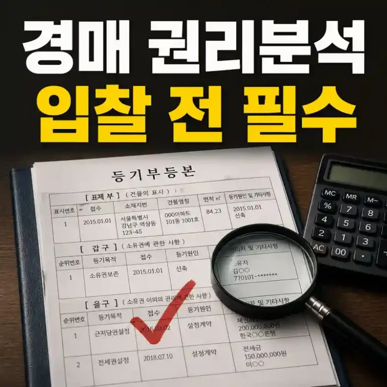 경매 권리분석을 위해 등기부등본의 갑구와 을구를 돋보기로 확인하는 투자자