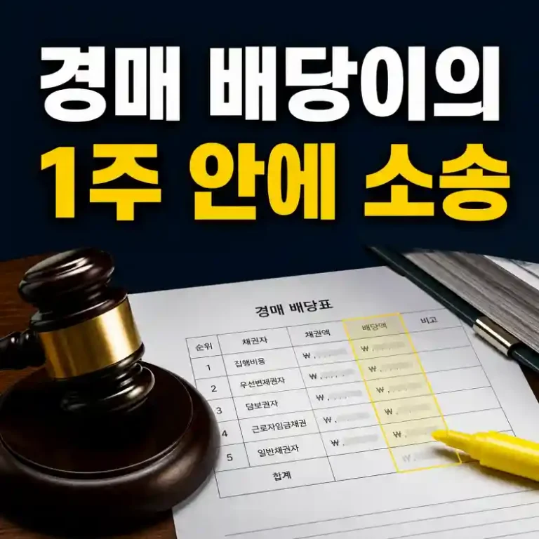 경매 배당표와 1주 제소 기한을 형광펜으로 확인하는 입찰자