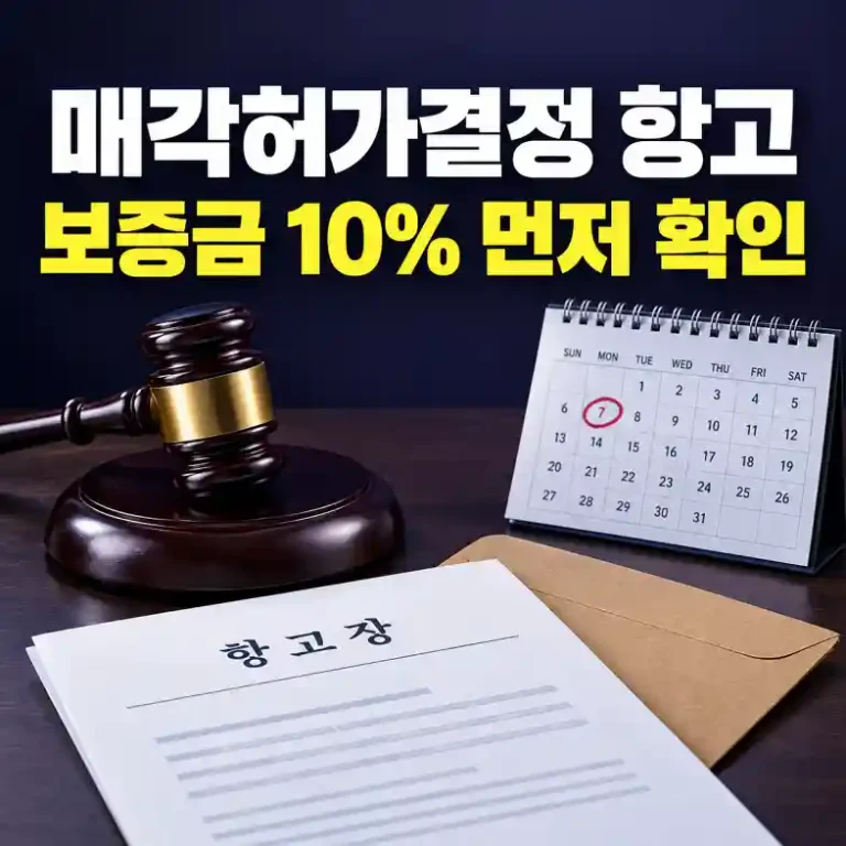 경매 매각허가결정 항고를 준비하며 항고장과 보증금 공탁서, 달력의 1주 기한을 확인하는 이해관계인