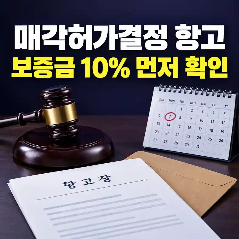 경매 매각허가결정 항고를 준비하며 항고장과 보증금 공탁서, 달력의 1주 기한을 확인하는 이해관계인