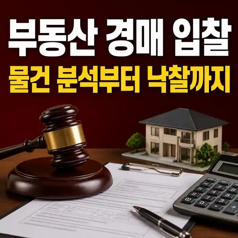 부동산 경매 입찰 — 법정 망치와 경매 물건 서류, 계산기로 입찰가를 점검하는 장면