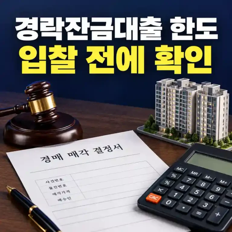 경락잔금대출 한도를 확인하려고 낙찰 영수증과 대출 상담 서류를 계산기로 비교하는 낙찰자