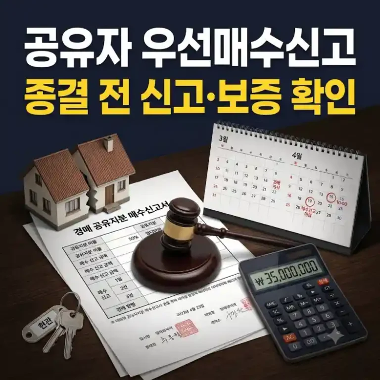 지분 경매에서 공유자우선매수신고를 준비하며 둘로 나뉜 주택 모형과 경매 서류를 확인하는 모습