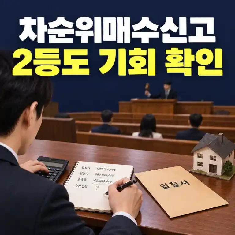 경매 법정에서 차순위매수신고 여부를 판단하려고 입찰 결과와 보증금 금액을 계산하는 입찰자