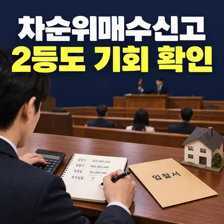 경매 법정에서 차순위매수신고 여부를 판단하려고 입찰 결과와 보증금 금액을 계산하는 입찰자